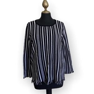 Cappagallo Sweater Striped Fringe Knit Blouse Dark Blue White Size Medium
